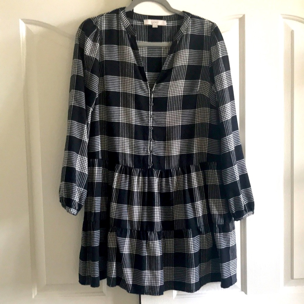 LOFT black plaid dress V-neck with drop waist ruffles